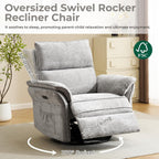 Power Swivel Rocker Recliner, Glider Recliner Nursery Chair with Massage and Heat, Nursery Rocking Chairs with Adjustable Headrest for Living Room，USB Ports,Side Pockets,Chenille Light Grey