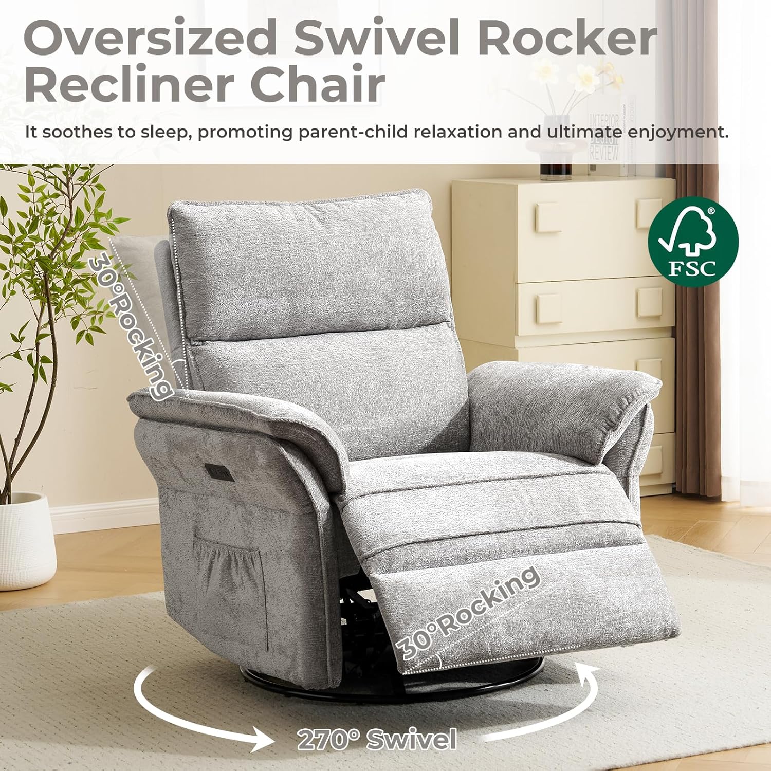 Power Swivel Rocker Recliner, Glider Recliner Nursery Chair with Massage and Heat, Nursery Rocking Chairs with Adjustable Headrest for Living Room，USB Ports,Side Pockets,Chenille Light Grey