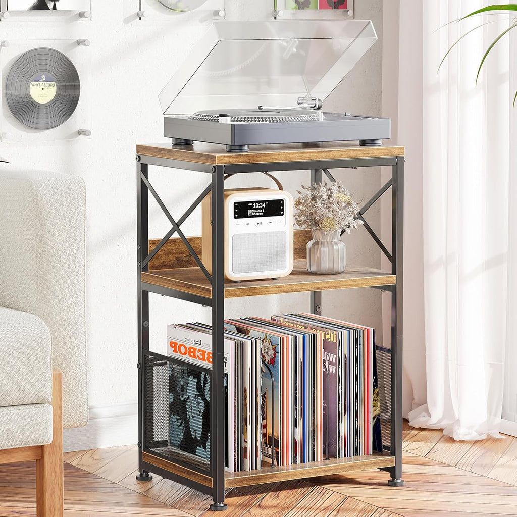 Simple Trending Record Player Stand, Turntable Stand with Vinyl Storage Holds Up to 200 Albums, Record End Table for Living Room, Rustic Brown