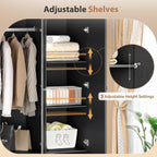 VINGLI Armoire Wardrobe Closet with Doors and Mirror,47" W Wardrobe Cabinet Wooden with Hanging Rod & Shelves Inside, 4 Door Bedroom Armoires with Drawers, Black Freestanding Armoire for Bedroom