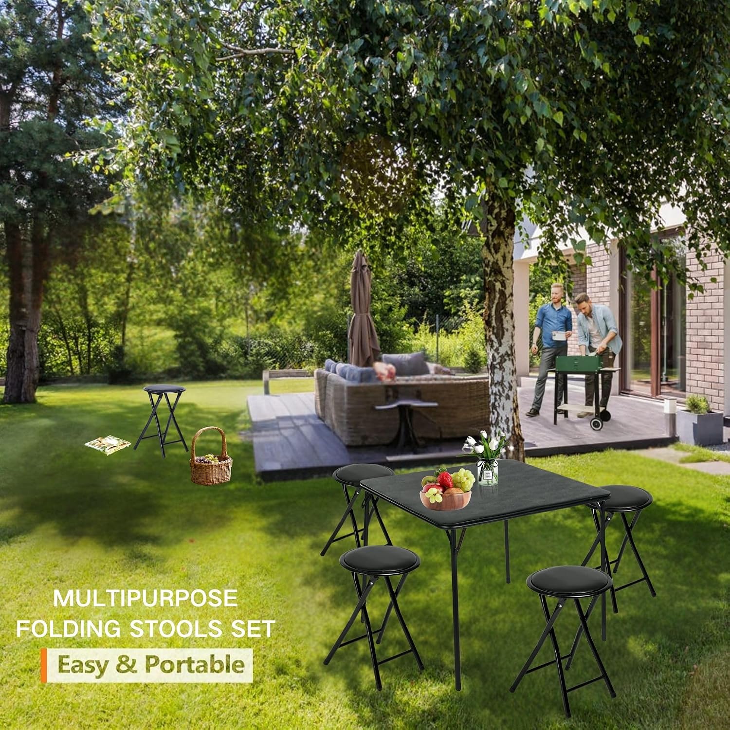 Homy Casa 18-Inch Backless Folding Stools with Soft Seat, Portable Waterproof Faux Leather Stools Foldable Chairs with Sturdy Frame for Indoor and Outdoor Use (Black, Set of 4)