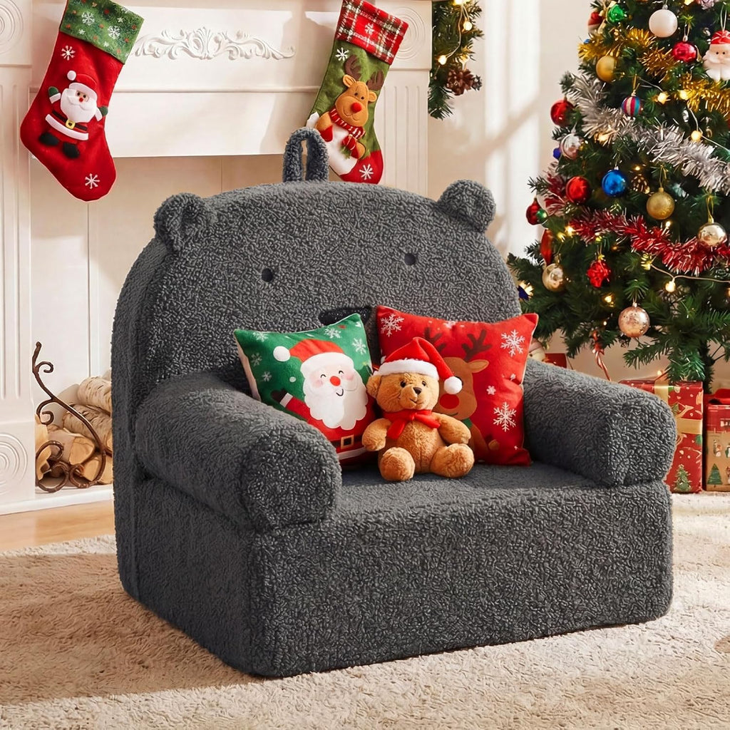 Costzon Kids Sofa, Comfy Bear Toddler Foam Couch with Soft Fleece Fabric Cover, Kids Furniture for Playroom, Children Reading Armchair for Boys & Girls Aged 3+ (["Teddy Fleece],Grey)