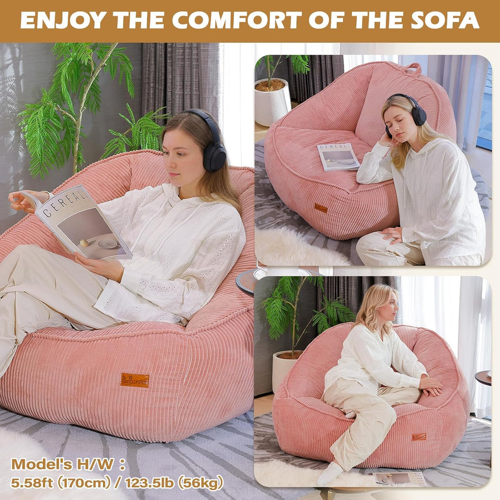 Giant Bean Bag Chair for Adults Teens and Kids, Cozy Fluffy Corduroy Beanbag Chair with Filler Large Floor Lounge Sofa for Living Room, Bedroom(L-Rose)