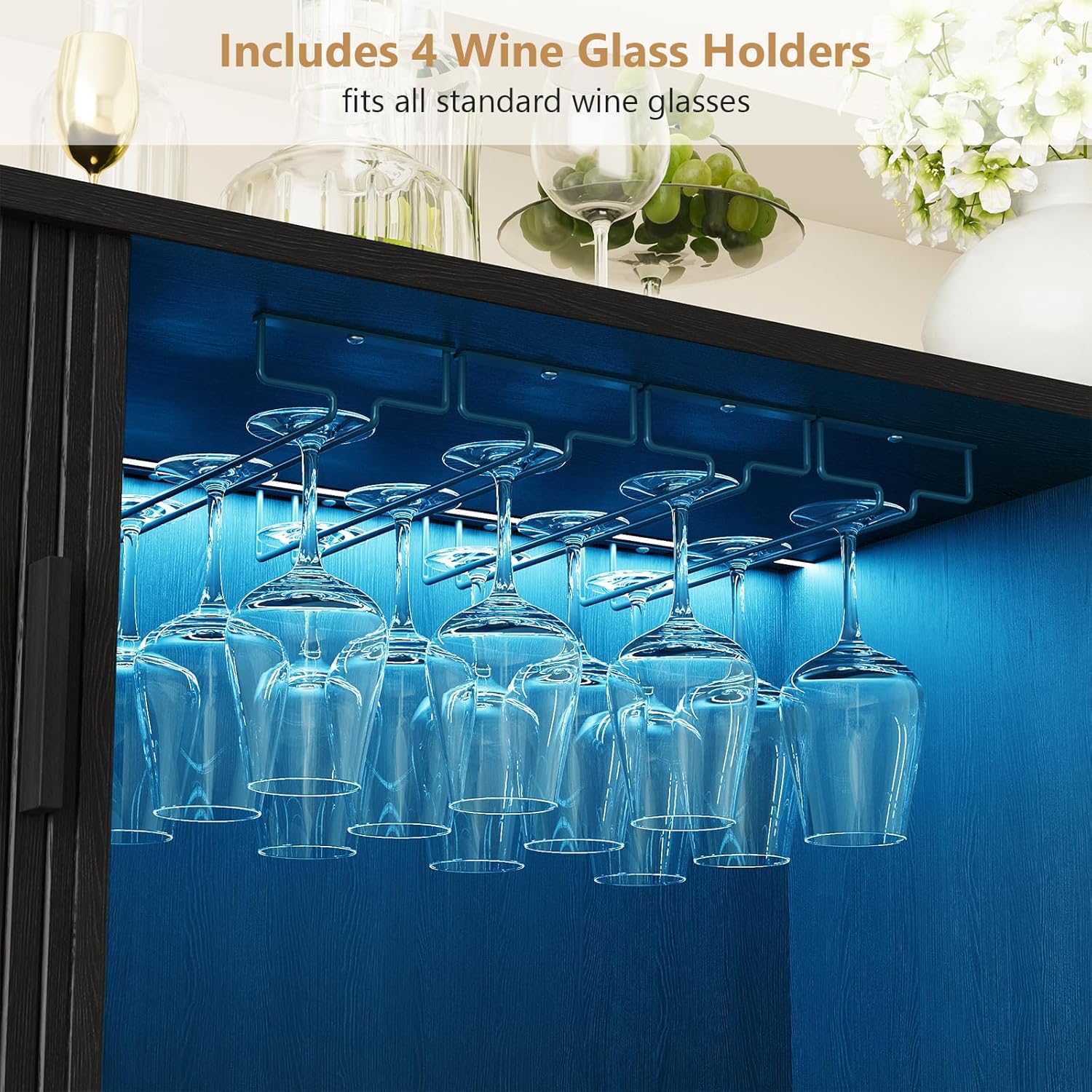ONBRILL 55" Fluted Wine Bar Cabinet with LED Lights, Coffee Bar Cabinet with Power Outlet, Modern Liquor Whiskey Cabinets with Wine Rack and Glass Holder, Home Bar for Living Room Kitchen