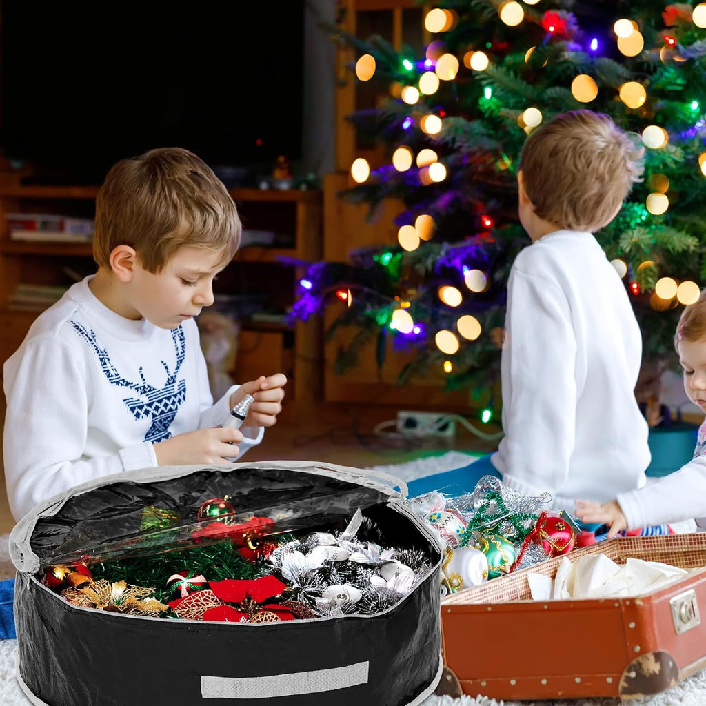 4 Pcs Christmas Wreath Storage Bag, Christmas Garland Storage Container with Clear Window, Zipper & Handle for Xmas Holiday Seasonal Wreath Garland Box(Black,30")