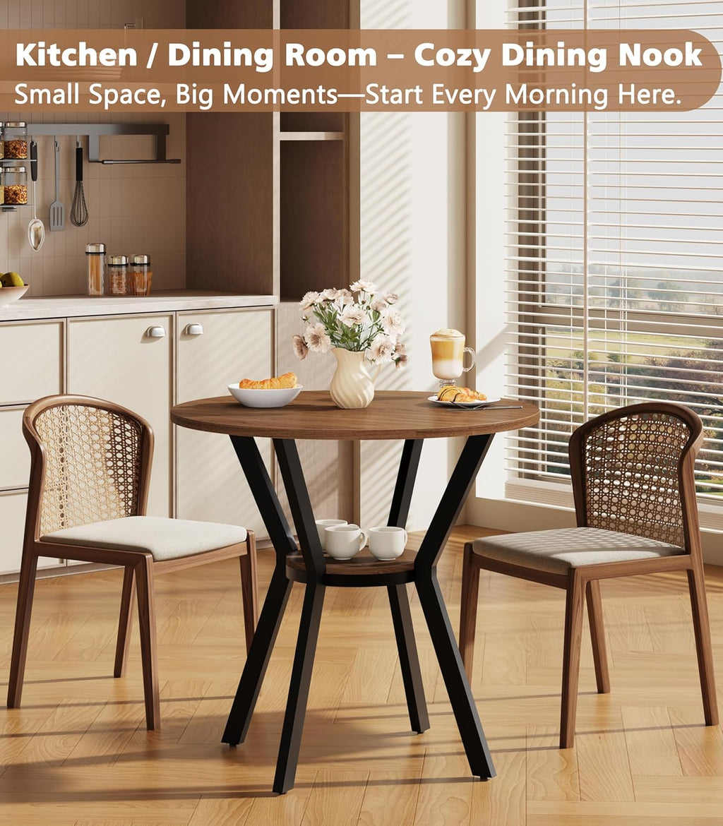 MECHYIN 31.5" Round Dining Table for 2-4, Farmhouse Small Kitchen Table with Storage, Space Saving Circle Table, Rustic Wood Dining Room Tables with Metal Legs for Kitchen, Dining Room, Apartment