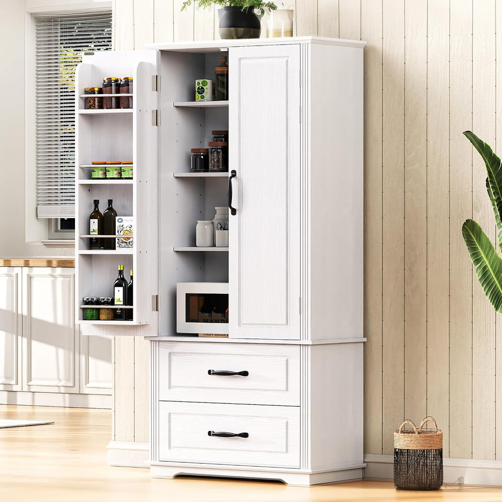 Farmhouse Kitchen Pantry Cabinet 71-Inch Tall Freestanding Pantry Storage Cabinet Cupboard with Adjustable Shelves for Kitchen Laundry Living Dining Room, White