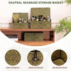 Nonam Storage Basket with Lid, Natural Seagrass Bin with Lid Set of 3, Shelf Baskets Multipurpose Container for Boho Decoration, Rectangular Storage Boxes for Home Organization- Dark Moss Green