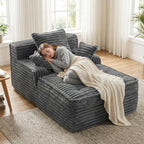Boneless Chaise Lounge Chair Indoor, Top Fixed-Point Comfort Layer Boneless Couch, 57'' Cloud Corduroy Sofa Bed, Block + Crumb Foam Construction, Deep Seat Reading Chair with 3 Pillows, No Assembly