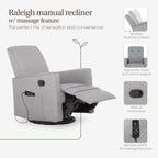 Evolur Raleigh Glider with Massager in Charcoal, Upholstered Plush Seating 360° Swivel Glider Rocking Chair, FSC Certified, Greenguard Gold & JPMA Certified Nursery Glider Recliner