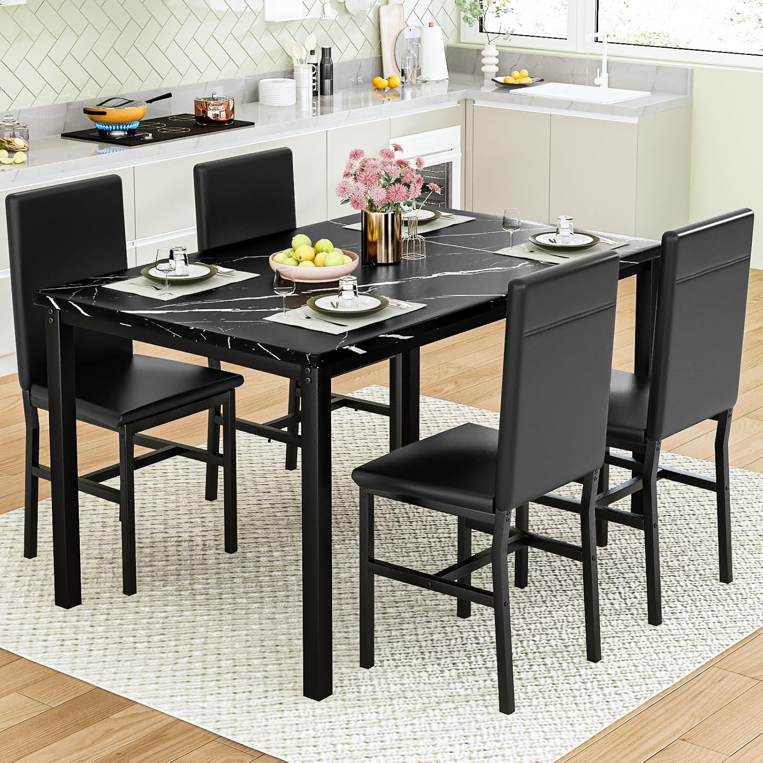 AWQM 5 Piece Dining Table Set for 4,Faux Marble Kitchen Table and Chairs for 4, Modern Dining Room Table with 4 Chairs,Dinner Table Set for Small Spaces, Black
