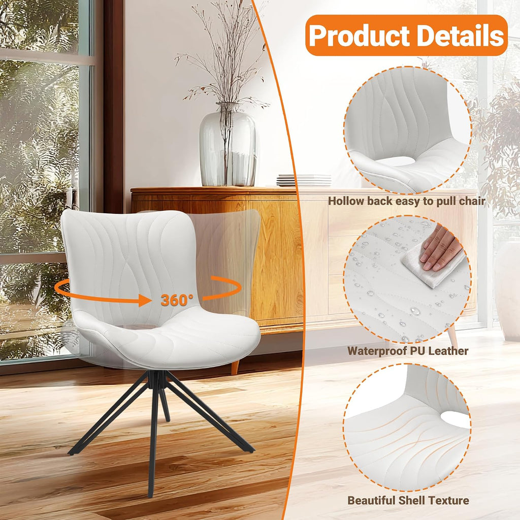 Dining Chairs Set of 2, 360° Swivel Armless Faux Leather Accent Chairs with Padded Back and Metal Legs, Mid-Century Modern Kitchen, Dining Room, Living Room, Bedroom White