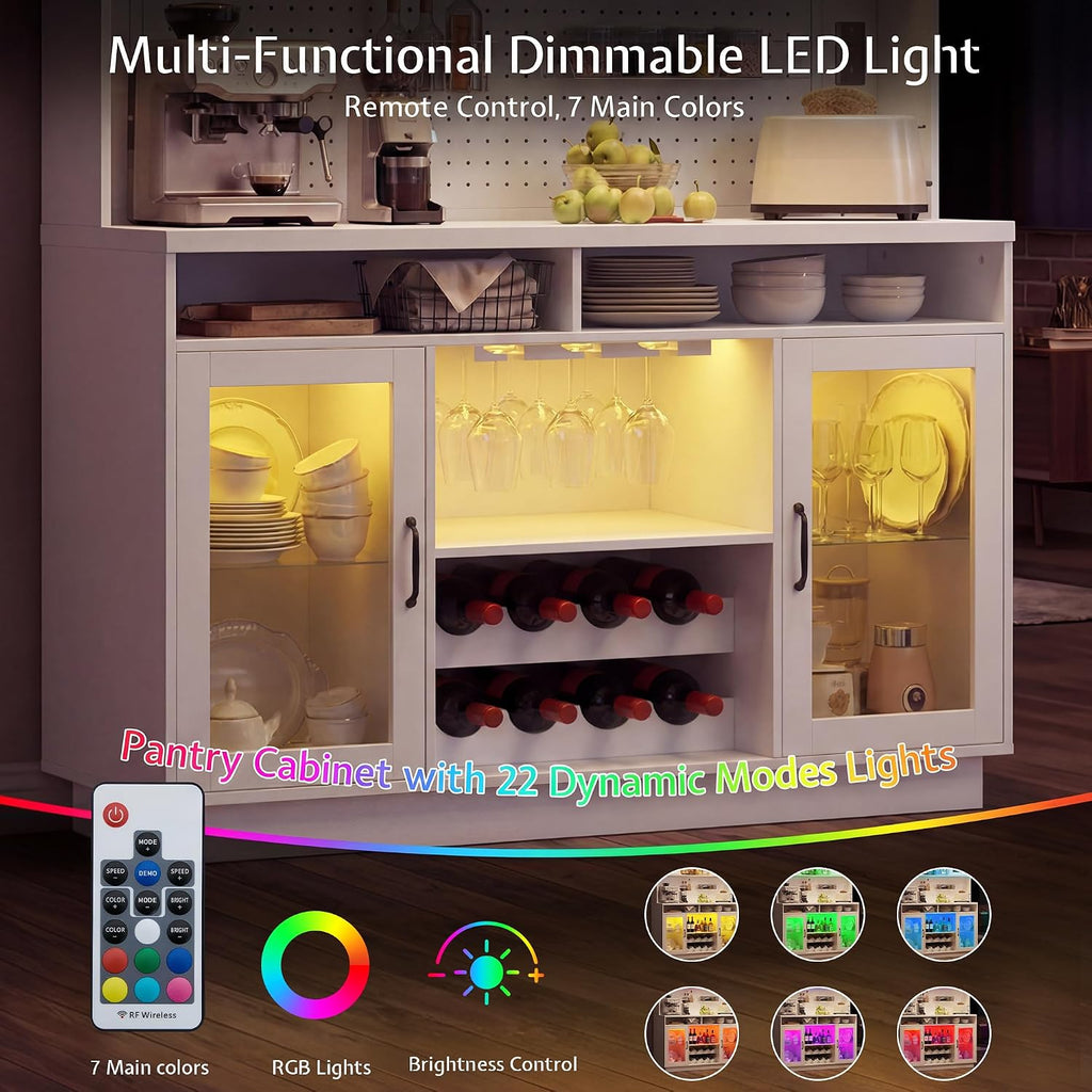 71" Tall Kitchen Pantry Storage Cabinet with LED Lights & Charging Station, Farmhouse Coffee Bar Cabinet with Adjustable Shelves & Pegboard, Pantry Cabinet with Countertop & Microwave Stand (White)