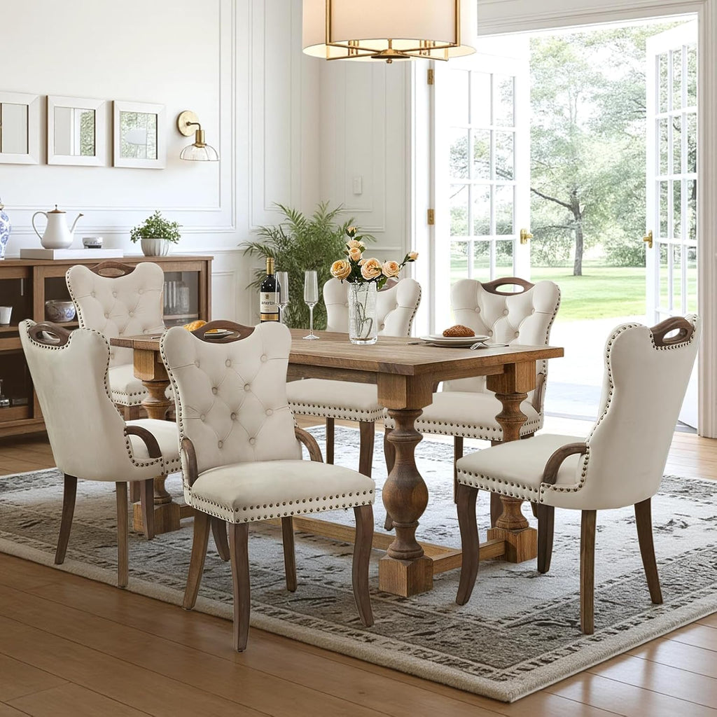 SoarFlash Velvet Dining Chair Set of 6, Solid Wood Handles, Upholstered Tufted Dining Room Chair with Nailhead Trim for Dining Room, Living Room, Office (Beige)