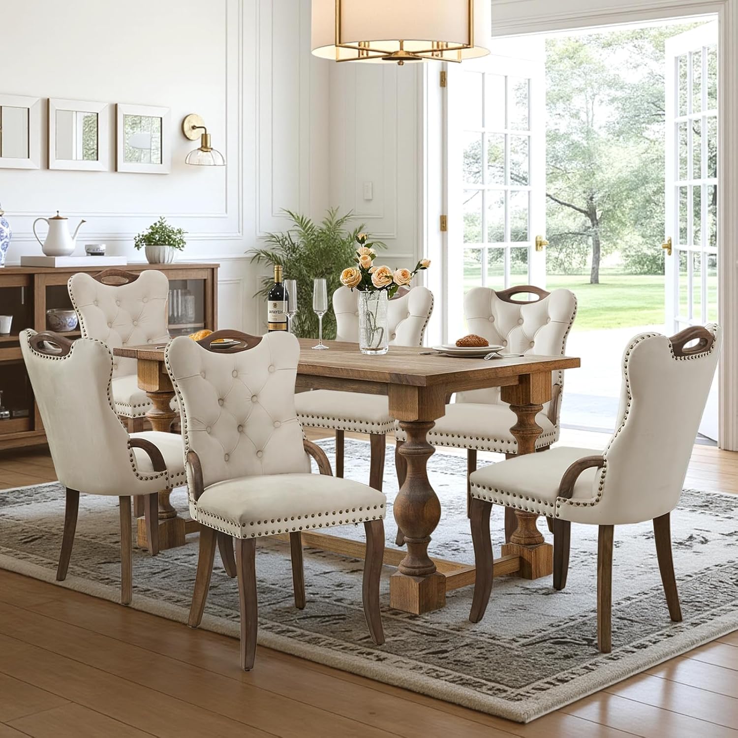SoarFlash Velvet Dining Chair Set of 6, Solid Wood Handles, Upholstered Tufted Dining Room Chair with Nailhead Trim for Dining Room, Living Room, Office (Beige)