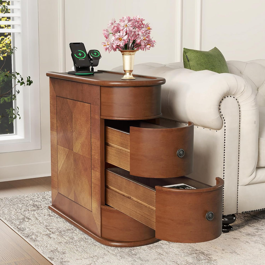 Narrow End Table with Charging Station, Skinny Side Table for Living Room, Slim Nightstand Bedside Table with Storage Drawers Sofa Side Table for Small Spaces Bedroom, No Assembly (2 Drawers)