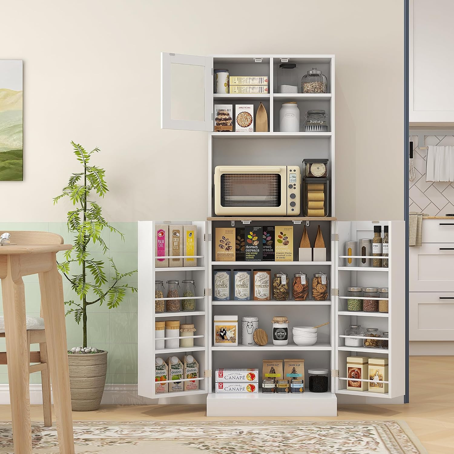 66.5" Kitchen Pantry Cabinet - Microwave Stand & Storage, 8 Shelves, White