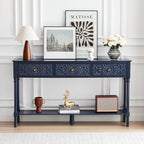 weselon 55.5" Carved Console Table with 3 Drawers, 2-Tier Sofa Table with Glossy Floral Surface and Solid Wood Legs, Mid-Century Modern Entryway Table for Living Room Hallway (Midnight Blue)