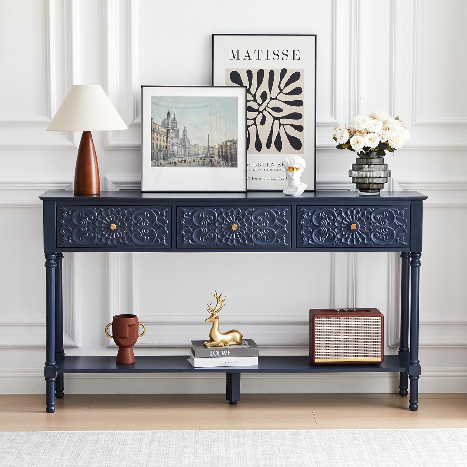 weselon 55.5" Carved Console Table with 3 Drawers, 2-Tier Sofa Table with Glossy Floral Surface and Solid Wood Legs, Mid-Century Modern Entryway Table for Living Room Hallway (Midnight Blue)