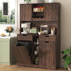 71"H Kitchen Pantry Storage Cabinet with Power Outlets and Two Drawers,10X2 Gallon Kitchen Hidden Double Tilt Out Trash Can Cabinet with Trash Bin Storage Holders,Laundry Hamper Cabinets(Brown)