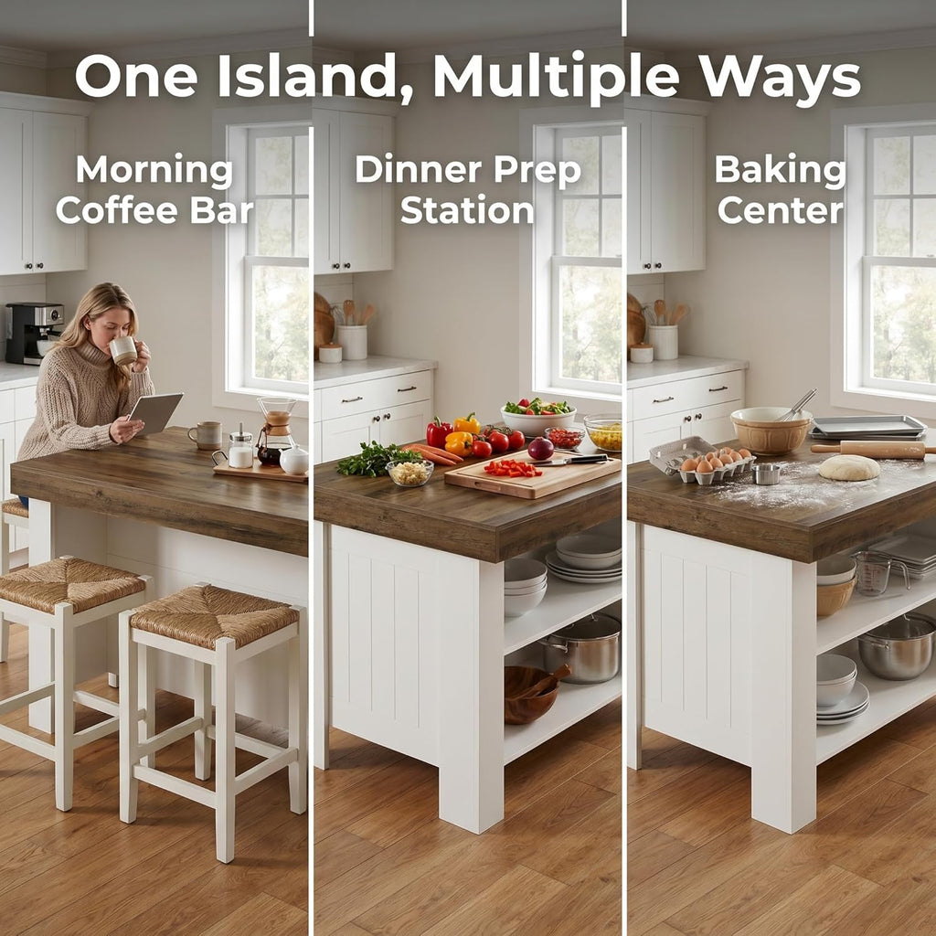 Tribesigns 55" Kitchen Island with Storage Shelves, 2-Tier Farmhouse Wood Counter Height Table with Seating, Large Stationary Island for Kitchen, Dining Room, Small Space (White)