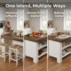 Tribesigns 55" Kitchen Island with Storage Shelves, 2-Tier Farmhouse Wood Counter Height Table with Seating, Large Stationary Island for Kitchen, Dining Room, Small Space (White)