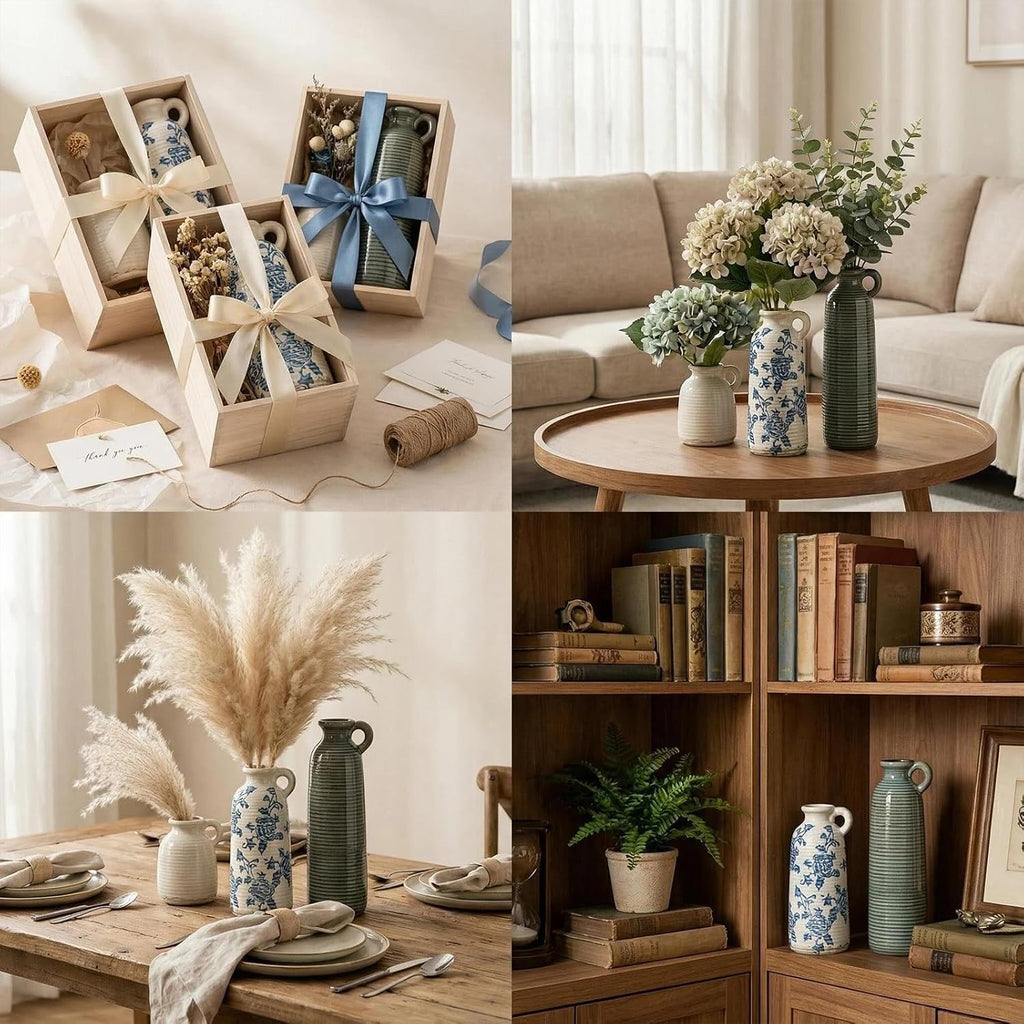 Ceramic Vase Sets, Flower Vases for Farmhouse Decoration, Modern Home Decor, Living Room Kitchen Table Centerpieces, Shelf, Mantel, Fireplace and Entrance Decorations.