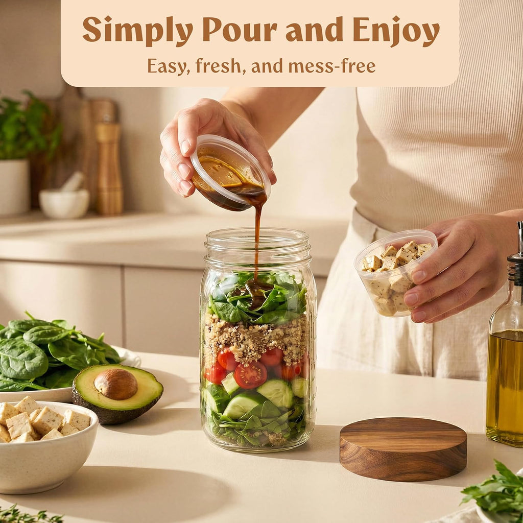 EDELHAUS 4 Pack Glass Salad Jars with Wooden Lids for Meal Prep, Leakproof Container with Two Small Built in Cups for Wet/Dry Separation for Salad Dressing and Ingredients, 32oz Mason Jars (Acacia)