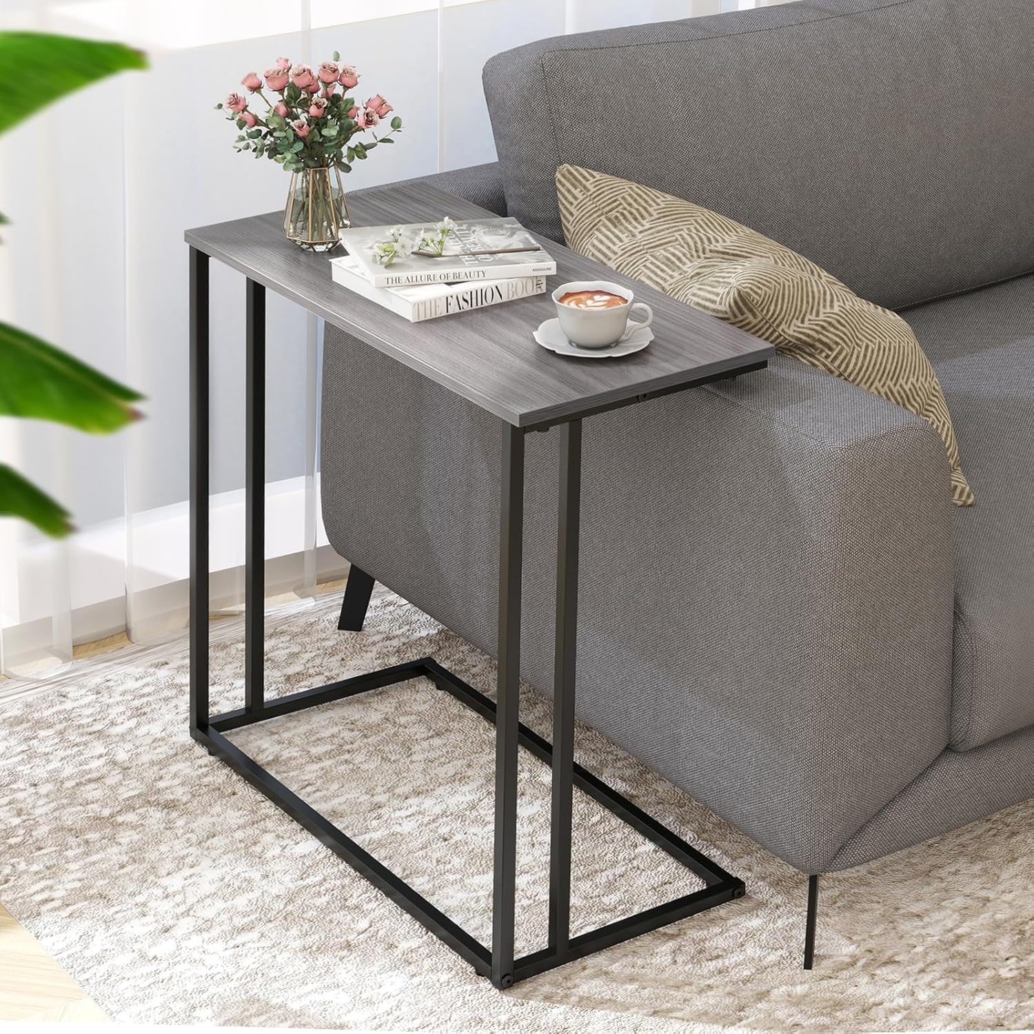 C-Shaped Side Table, Modern End Table with Metal Frame, Space Saving Design for Living Room，Large Surface Couch Table for Bedroom, and Home Office，24 x 12 x 24 inches (Grey)