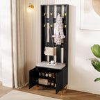 Stylish Multifunctional Entryway Wardrobe Set Black Shoe Bench with Hooks Push to Open Door Adjustable Shelves Wave Pattern Cabinet Leatherette Cushion Gold Metal Legs Vertical STO