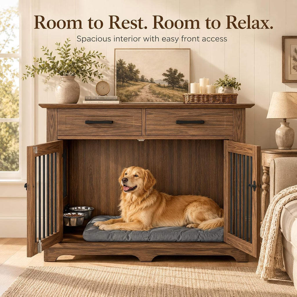 44.48" Large Dog Crate Furniture End Table (Brown) | 2 Storage Drawers, Rotating Removable Bowls, Lockable Double Doors, Reinforced Metal Bars