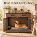 44.48" Large Dog Crate Furniture End Table (Brown) | 2 Storage Drawers, Rotating Removable Bowls, Lockable Double Doors, Reinforced Metal Bars