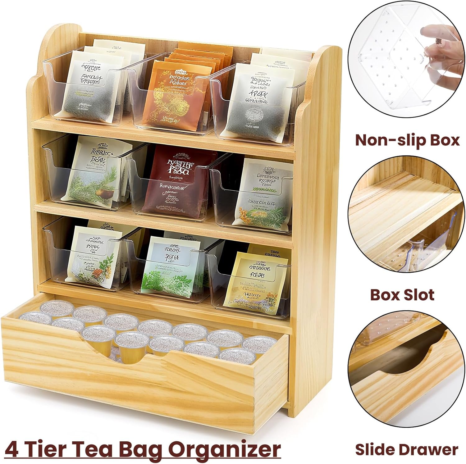 Tlence 4 Tier Wood Tea Bag Organizer, 15"x12.3"x4.5" Vertical Tea Storage Holder, Teabag Station Stand with 9 Plastic Box, Tea Packet Rack with Slide Drawer, Teabag Cabinet Shelf for Sugar and Creamer