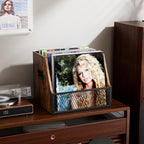 Vinyl Record Storage,Wooden Crate ‌Vinyl Holder with Dividers for Albums & Magazine Rack Organizer for 60+ Records Case Box for 7/10/12 inch