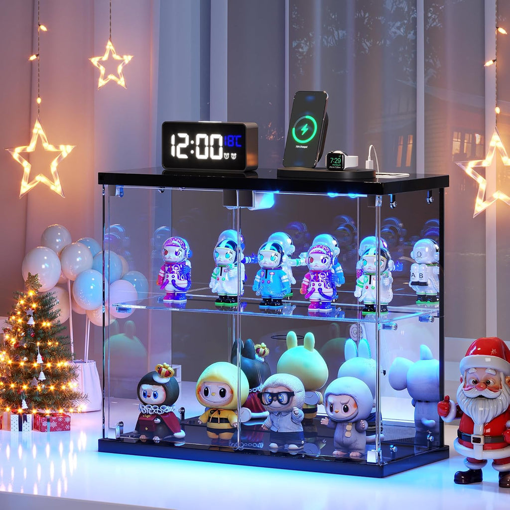 Dystler Lighted Clear Glass Display Case - for Figures & Collectibles, Small 2-Tier Display Cabinet with Charging Station, LED Display Box with Lights & Human Sensor, for Model Car, Perfume, Black