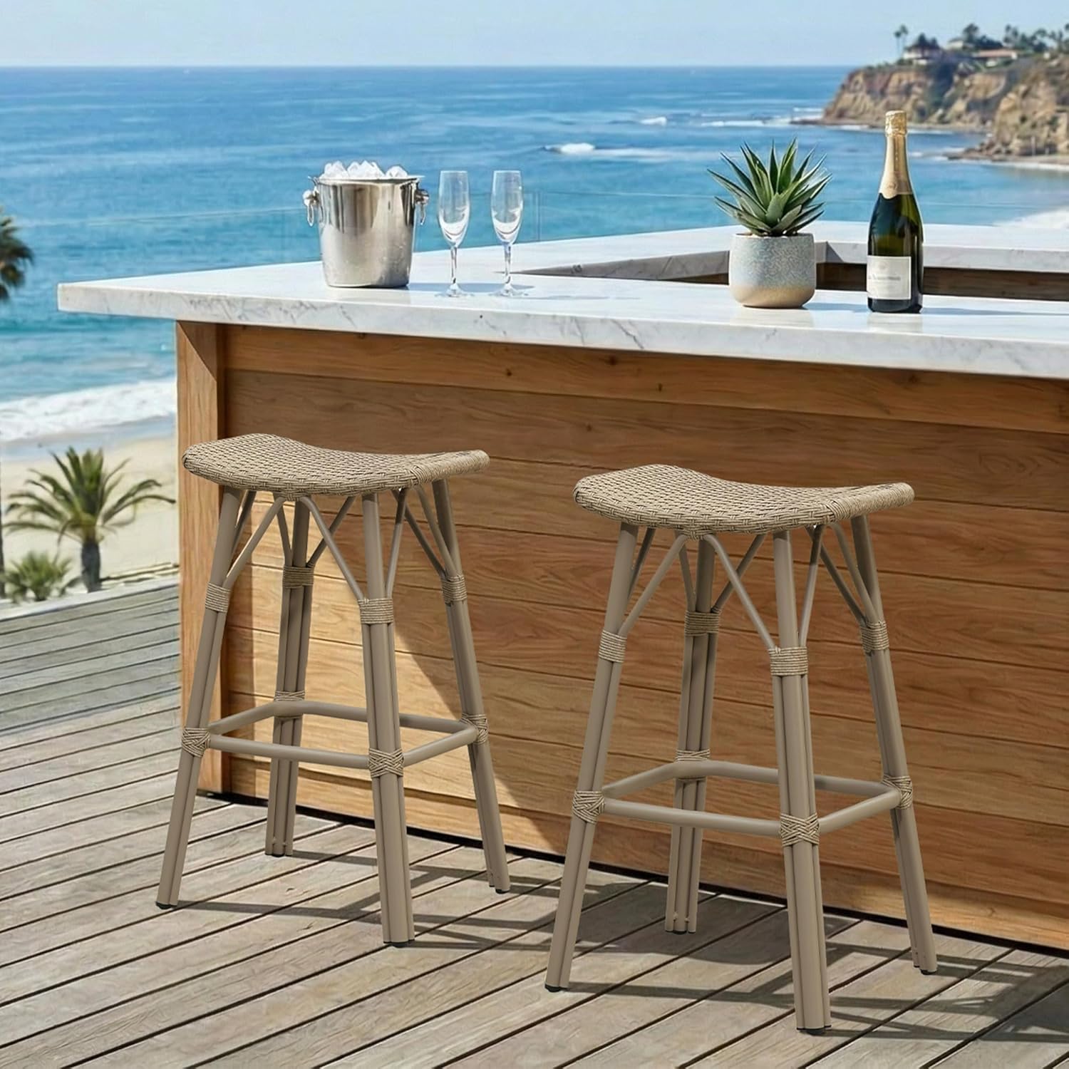 PURPLE LEAF Outdoor Bar Stools Set of 2 Backless 26" Counter Height Rattan Barstools with Saddle Seat and Footrest All Weather Aluminum Bar Chairs for Patio Kitchen Island Pool Balcony, Taupe