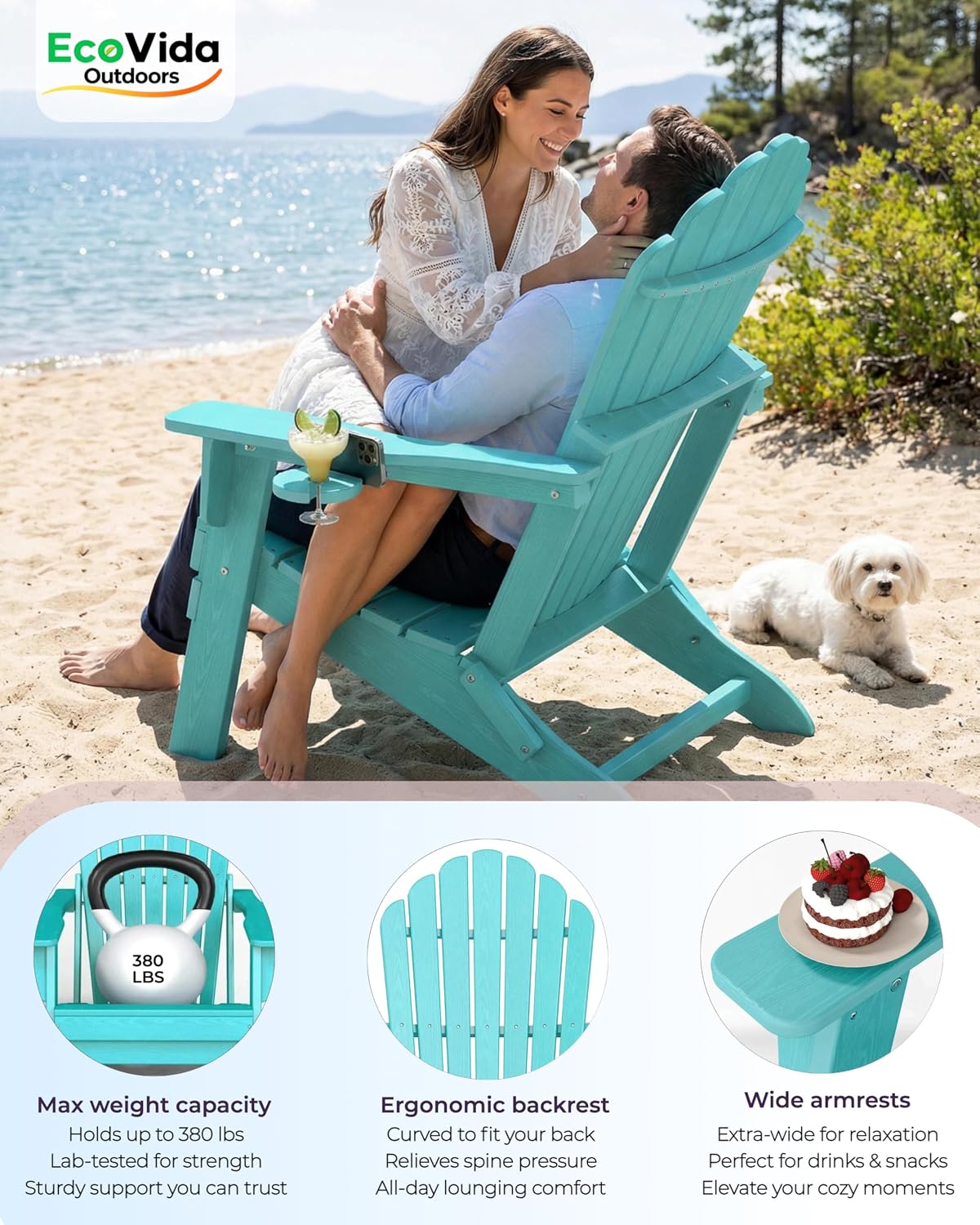Folding Adirondack Chair with Dual Cup Holders Set of 2, Ergonomic High Back Fire Pit Chair,HDPE All-Weather Outdoor Patio Chair for Garden, Deck,Aruba Blue