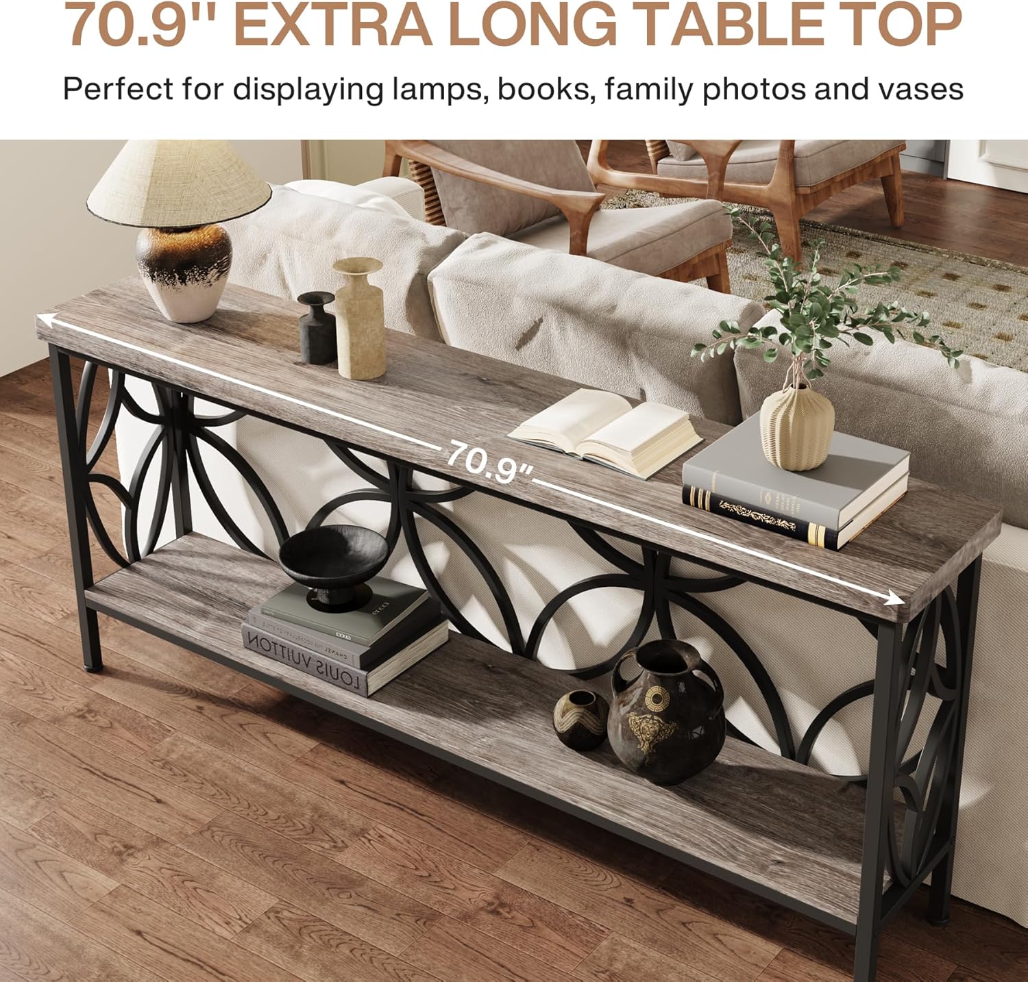 LITTLE TREE Sofa Table, 70.9 Inch Industrial Behind Couch Table with Storage Shelves, Narrow Long Console Table for Entryway, Living Room, Foyer, Hallway, Office