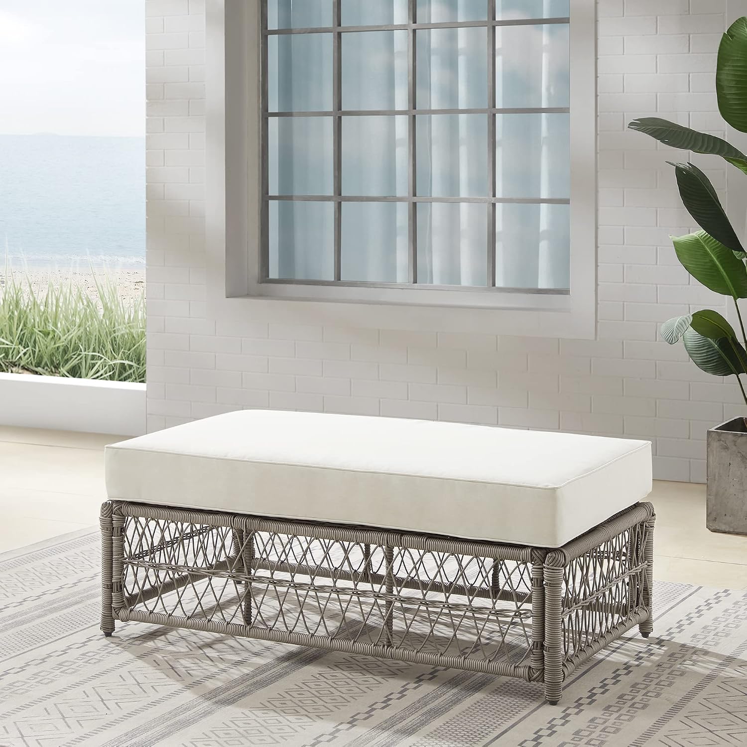 Crosley Furniture Thatcher Wicker Coffee Table and Ottoman Foot Rest for Porch, Deck, Backyard, Driftwood with Creme Cushions