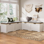 3-Piece L-Shaped Multi-Functional Storage Bench with Cushion, Serving as a Kitchen Corner Bench, Toy Storage Box, or Reading Nook seat., White and Natural, 63" D x 63" W x 19.1" H