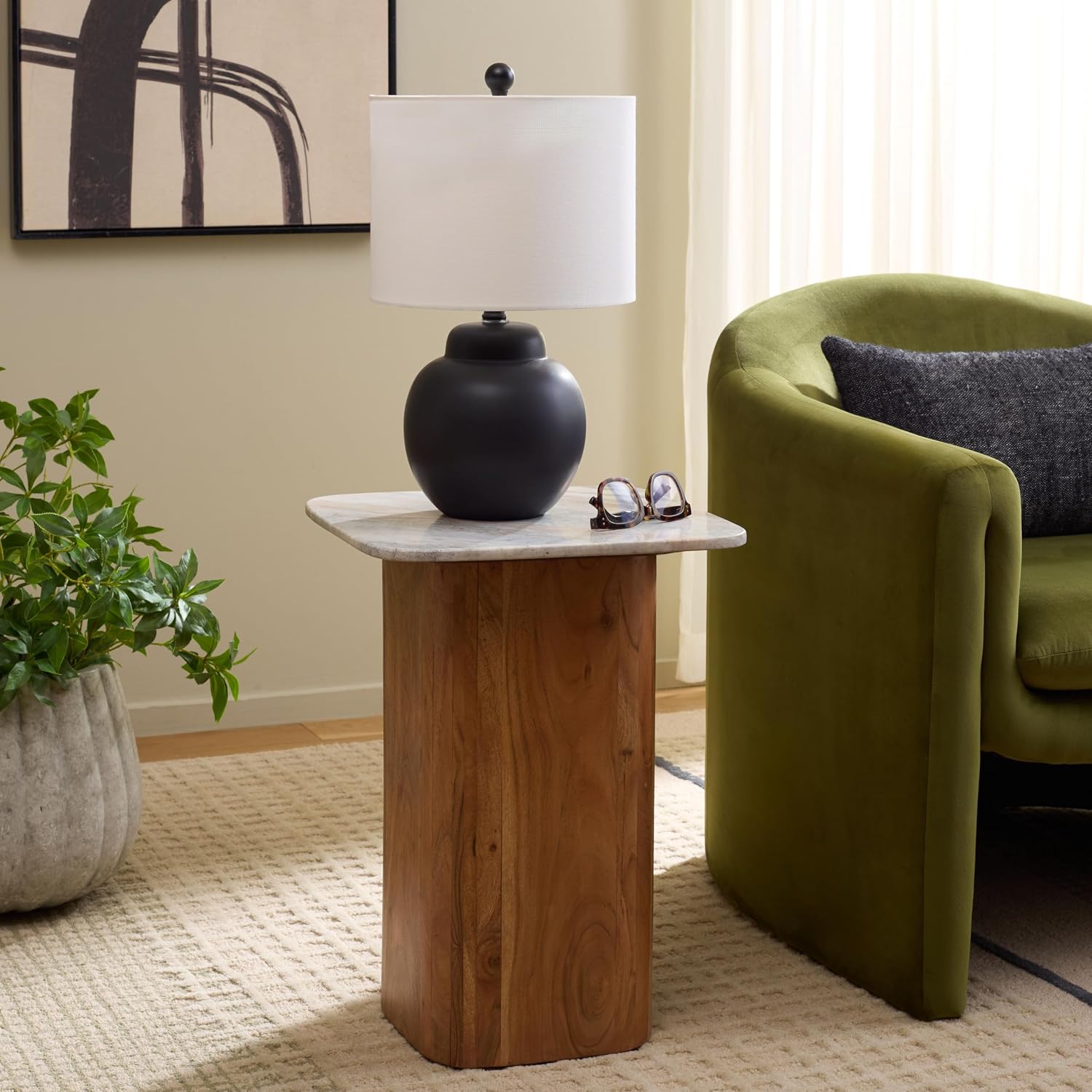 SAFAVIEH Home Collection – Marisa Marble Side Table, Brown & White Marble Top, Solid Acacia Wood Pedestal Base, Accent Table for Living Room or Bedroom (ACC2917A)