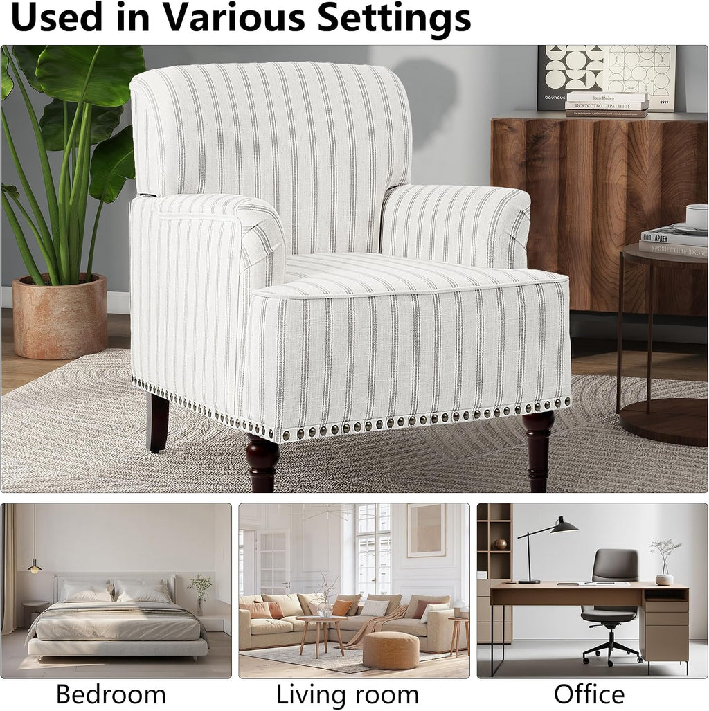 Mid-Century Modern Accent Chair, Pinstripe Grey, Set of 2 | Comfy Reading Armchair with Wood Legs for Living Room, Linen Fabric Single Sofa Lounge for Bedroom Apartment Waiting Room