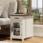 ONBRILL End Table with Charging Station, Narrow Side Table for Living Room, Farmhouse Night Stand with Drawer and Storage Cabinet, Wooden Bedside Table for Small Spaces Living Room, Glass Door (White)