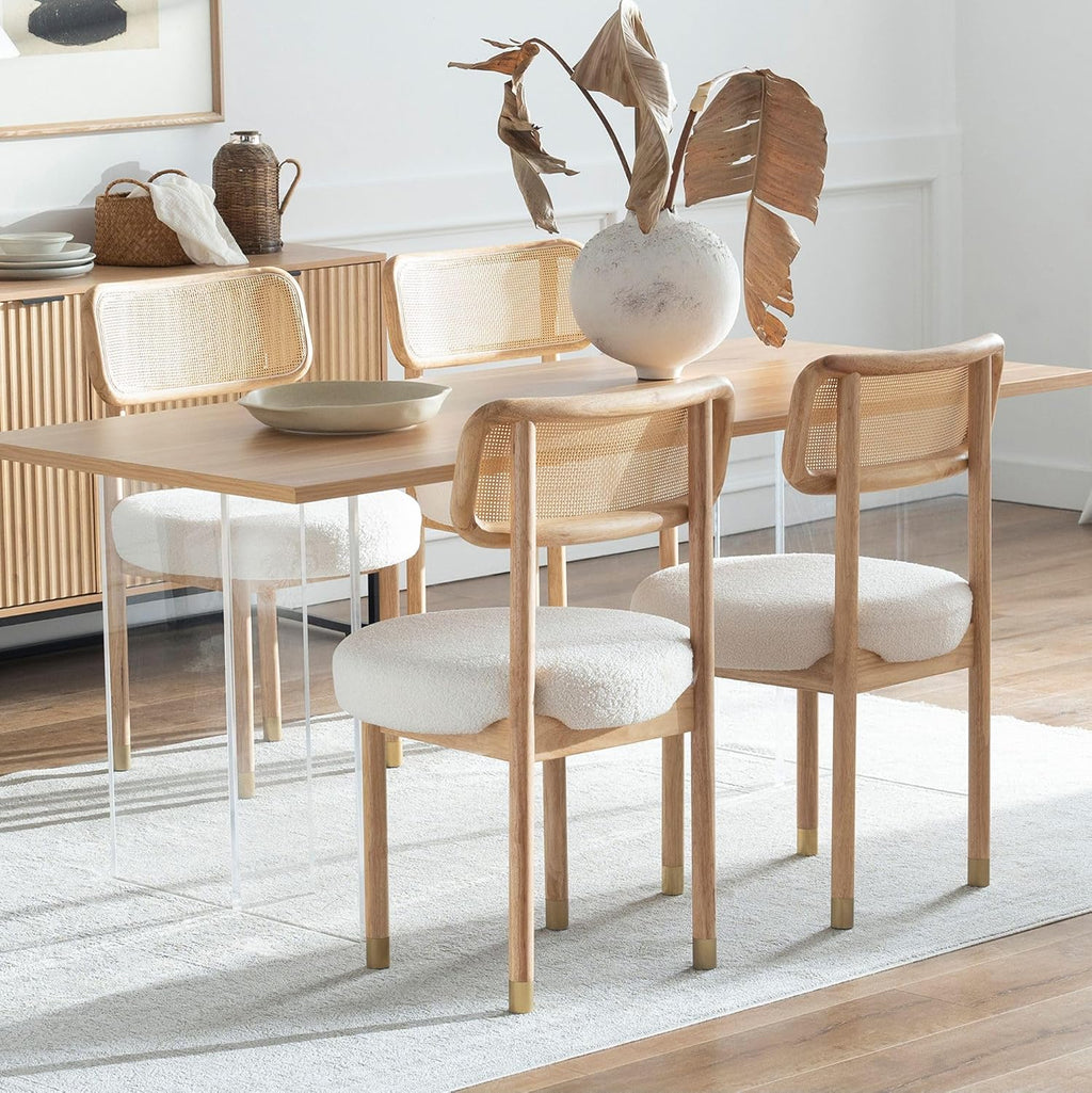 EYYTHUNG Rattan Wooden Dining Chair Set of 2 with Cane Curved Back, Farmhouse Upholstered Dining Room Chairs with Wood Legs, Boucle Armless Side Chair for Kitchen, Living Room, Natural Oak
