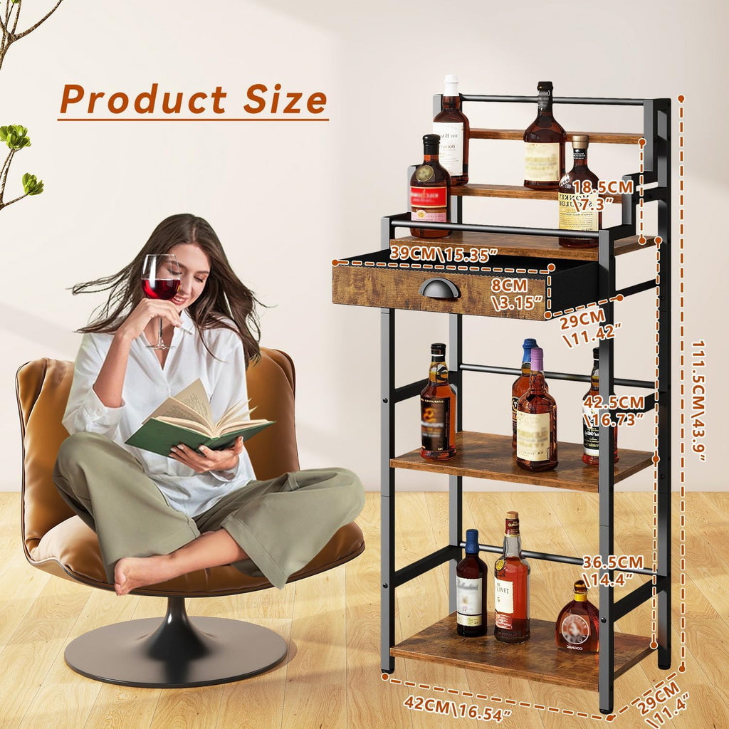 IBUYKE Stepped Wine Rack Freestanding Floor,Bar Cabinet,Brown TMJ915H | Wine Bottle Display Liquor Bottle Holder with Drawer for Whiskey for Home Living Room Dining