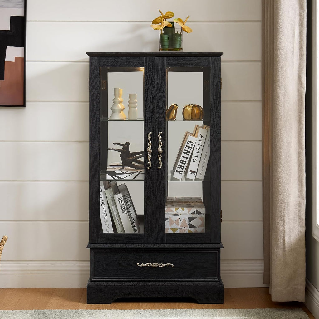 3-Tier Lighted Glass Curio Display Cabinet, 47" H Glass Storage Cabinet with Adjustable Shelves & 1 Drawer, Wooden Wine Accent Display Case with Mirrored Back Panel for Living Room (Black)
