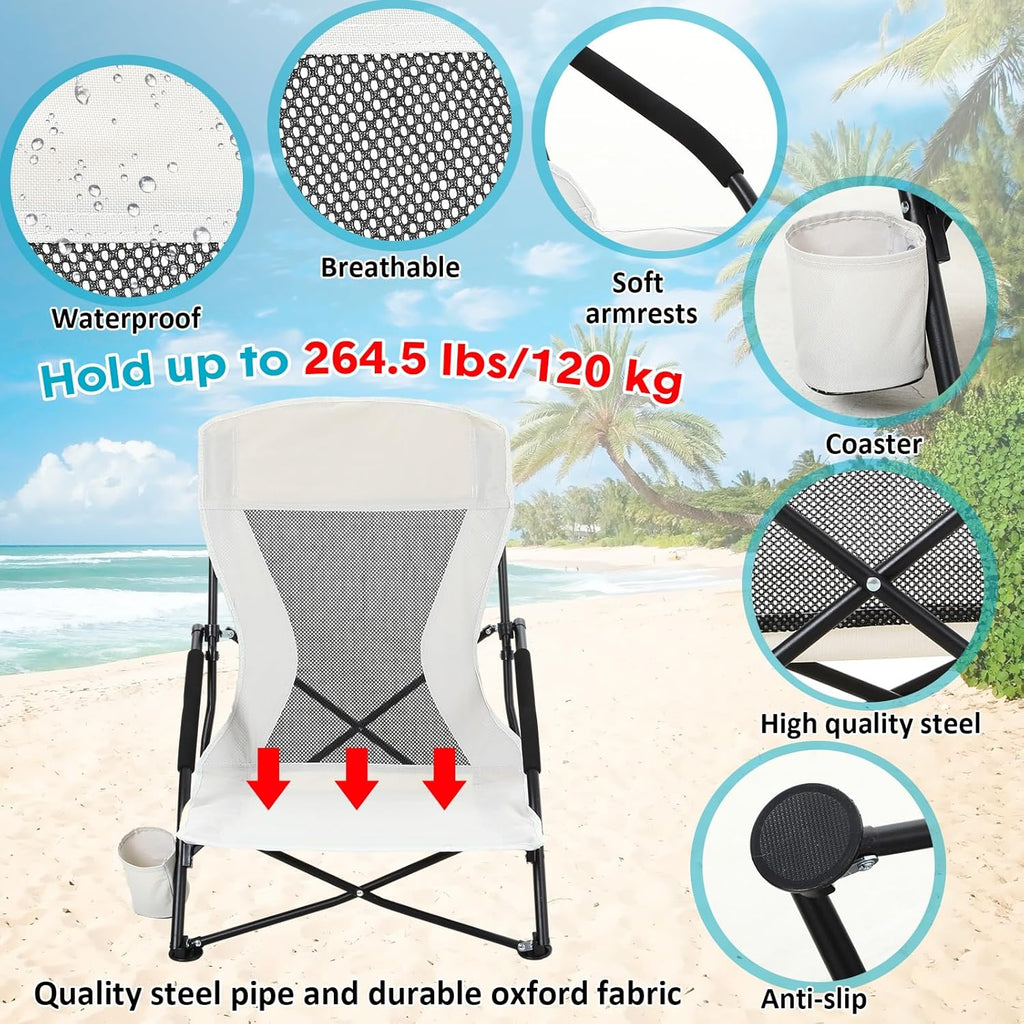 Menkxi 4 Pack Low Beach Chairs for Adults, Portable Folding Sand Chairs with Cup Holder and Carry Bag, Lightweight High Back Camping Chair for Beach Trips, Concerts, BBQ, Lawn, Outdoor (Light Grey)