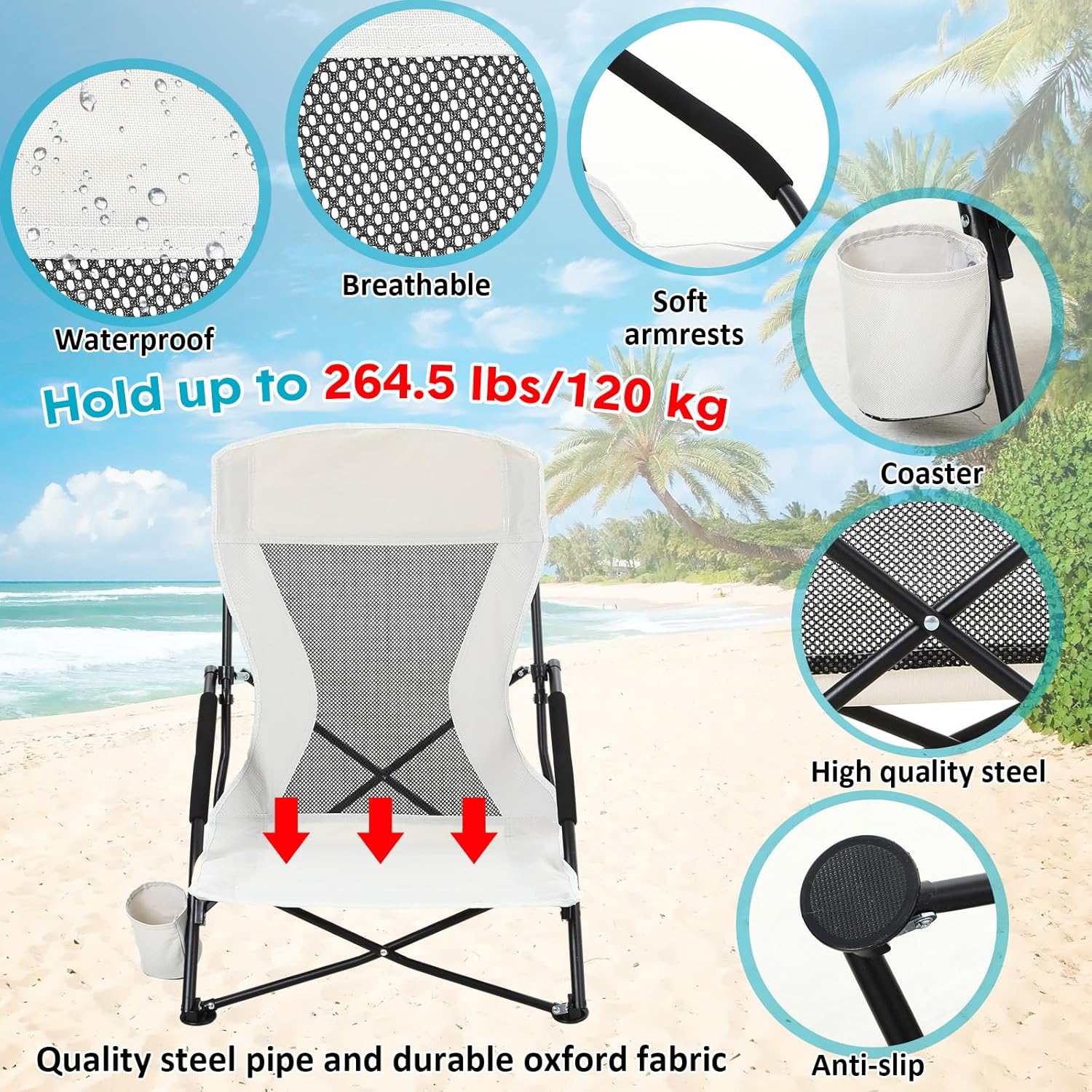 Menkxi 4 Pack Low Beach Chairs for Adults, Portable Folding Sand Chairs with Cup Holder and Carry Bag, Lightweight High Back Camping Chair for Beach Trips, Concerts, BBQ, Lawn, Outdoor (Light Grey)