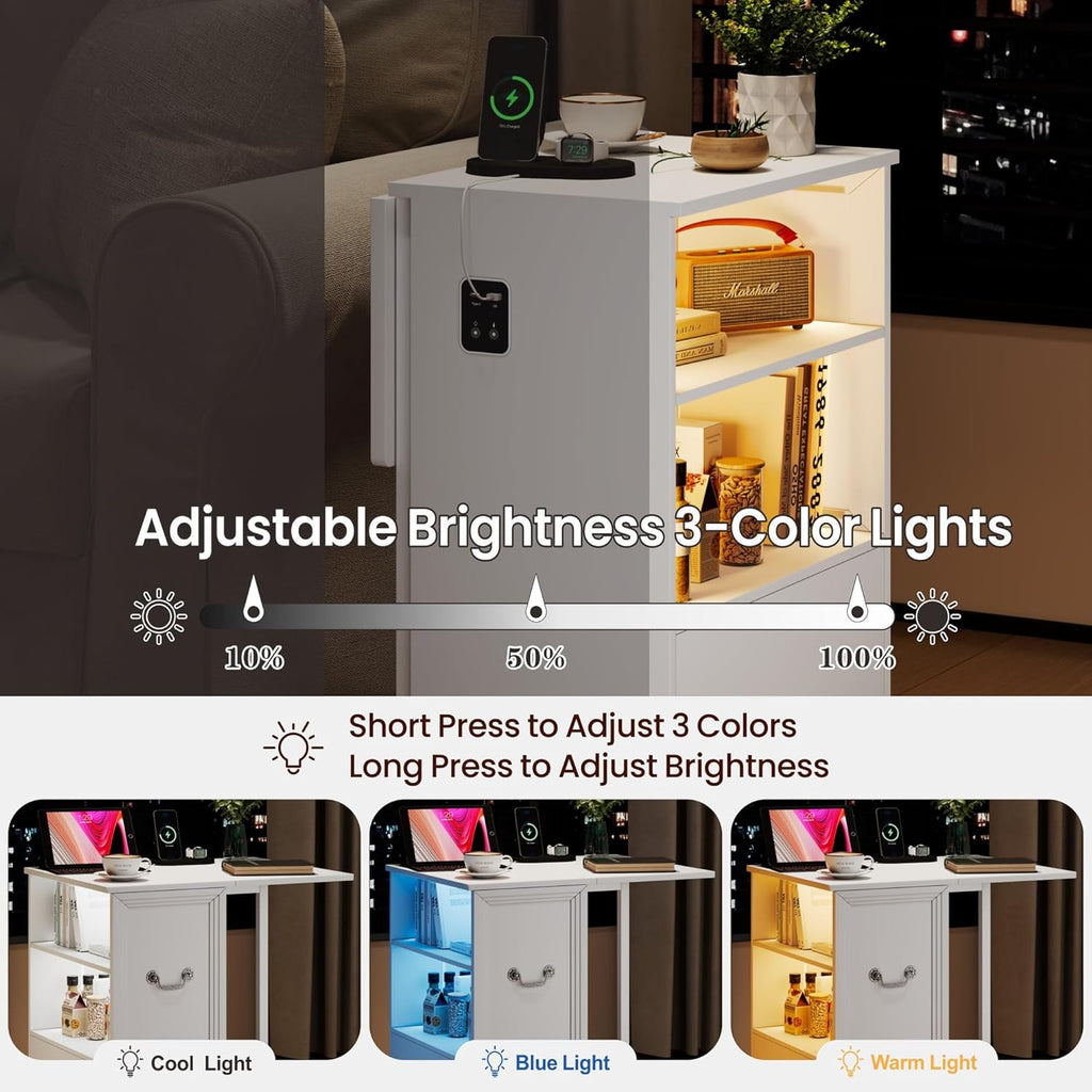 Dystler Side Table with Charging Station and LED Lights, 27.5" Tall Rolling End Table with Drawers and Shelves, Narrow Nightstand with Wheels for Small Space, Living Room, Bedroom, White