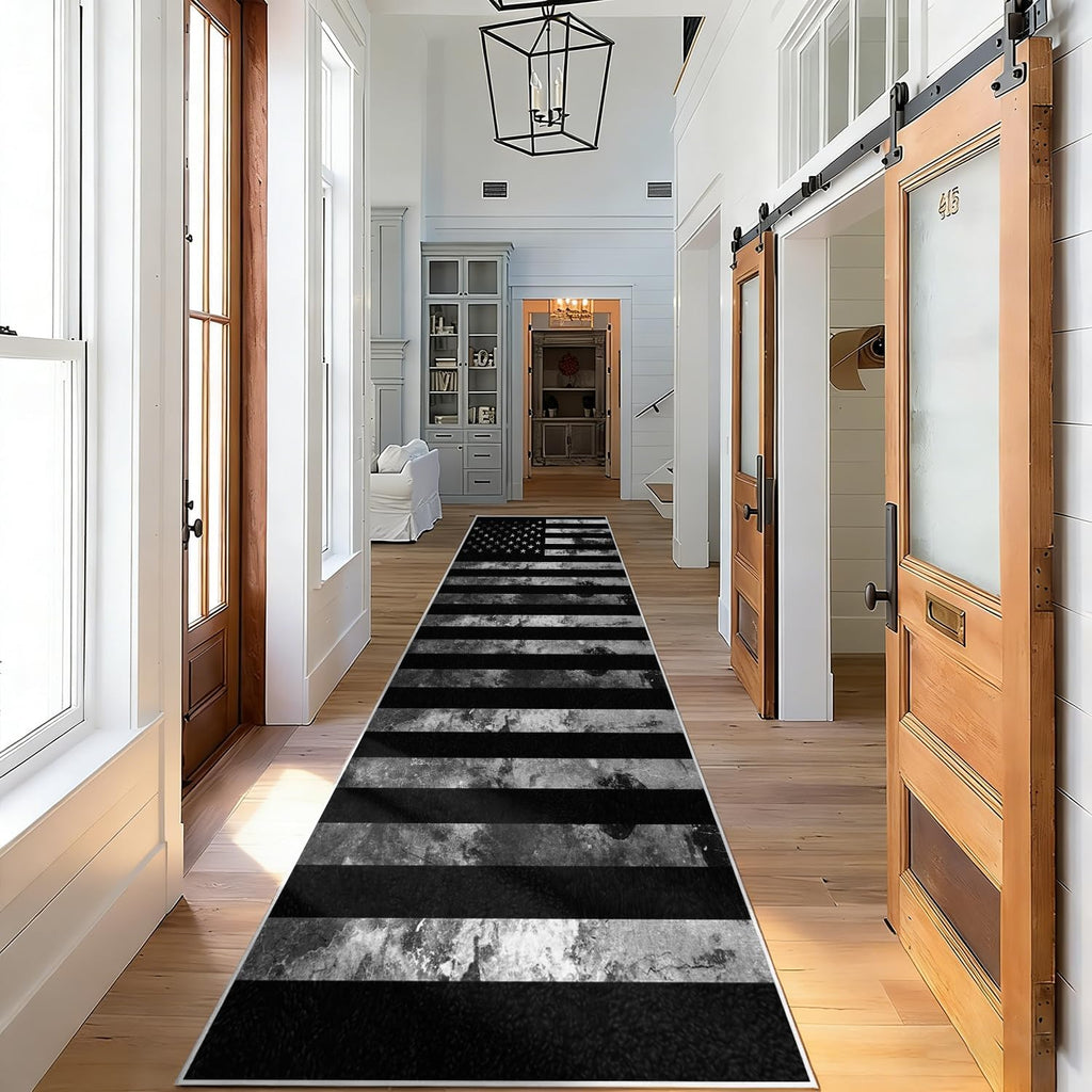 USA American Flag Runner Rug 2x6ft, Vintage USA Stars Stripes Flag School Hallways Runner Rug, Black Kitchen Floor Mat, Non-Slip Washable Low Pile Carpet for Entryway Living Room Bedroom Playroom